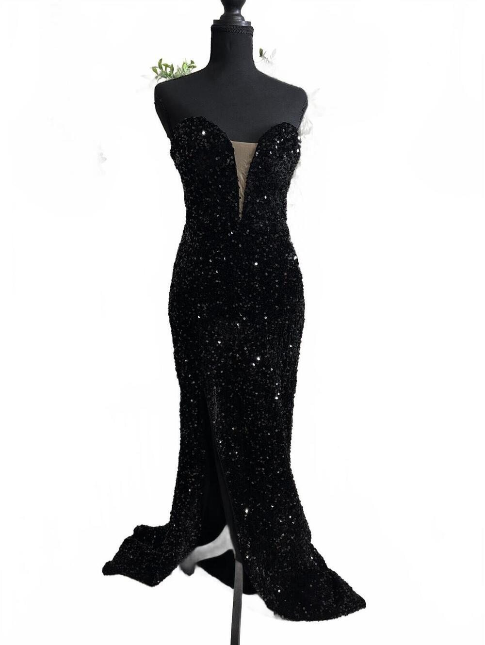 Elegant Black Strapless Sequin Evening Gown Dress Size Large